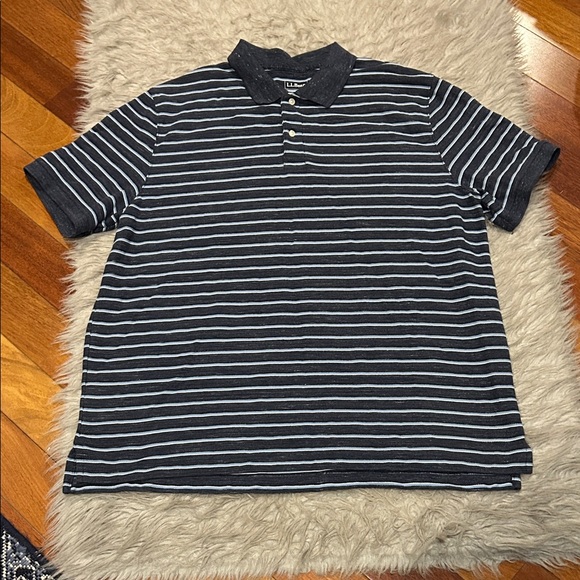 L.L. Bean Men’s Navy, White And Light Blue Striped Shirt Sleeve Polo Shirt - Picture 1 of 5